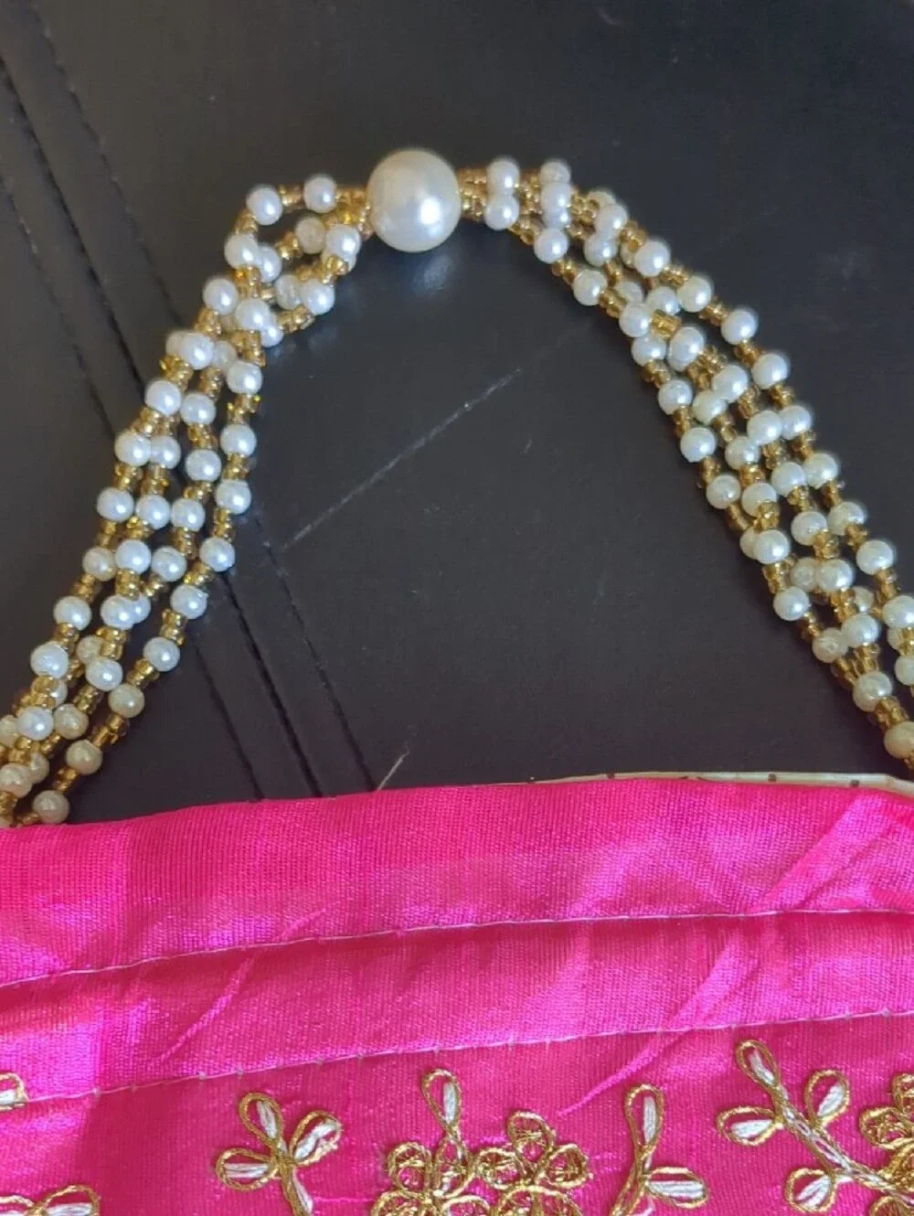 Embellished Pink Drawstring Potli Bag with Pearl Handle - Small